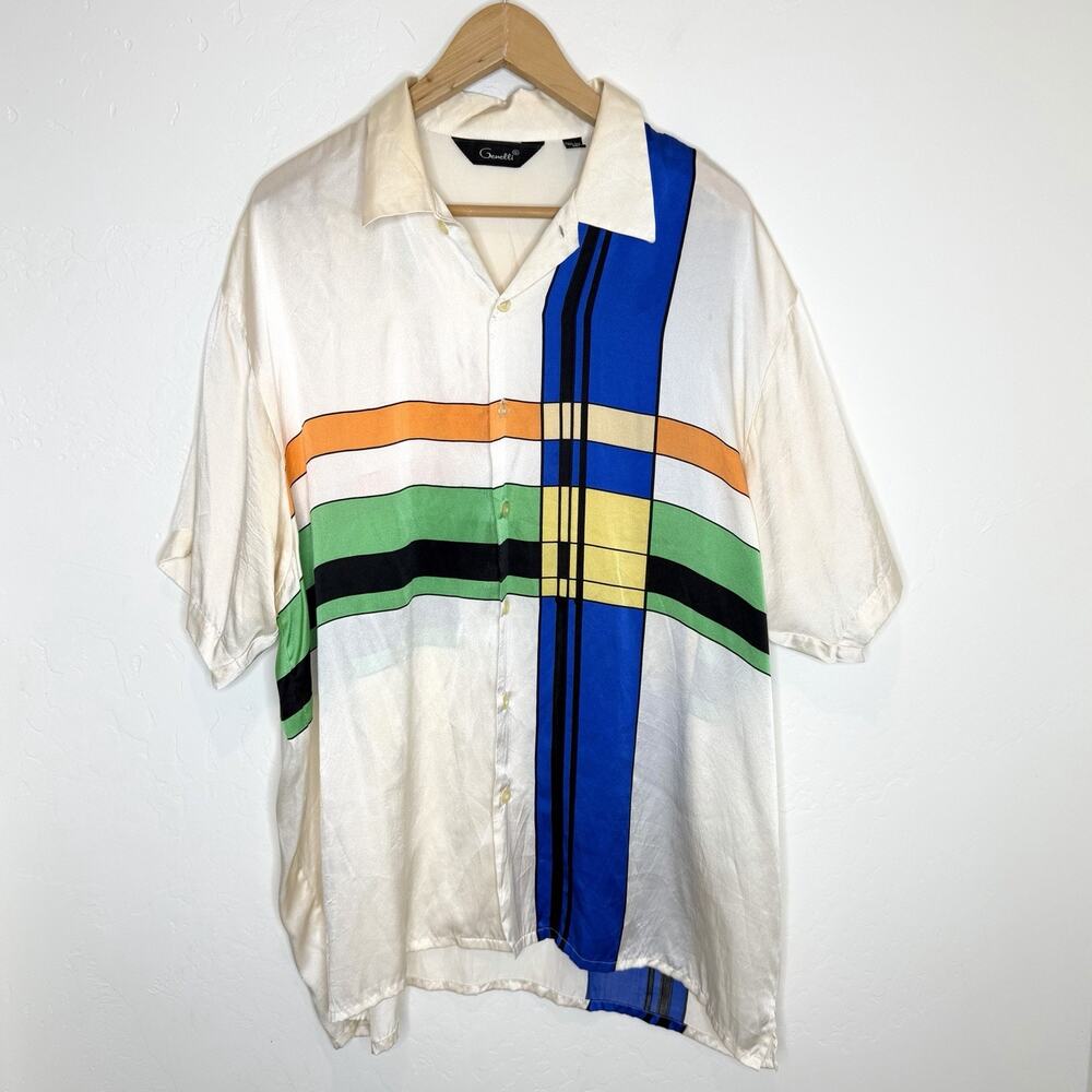 Vintage Genelli Silk Button Up Shirt Men’s XL 70’s Geometric Abstract Cream